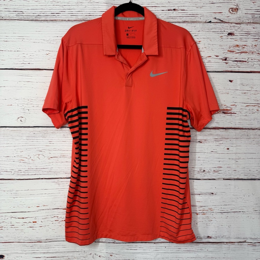 Nike Golf Dri-FIT Mens L Orange Black Tiger Striped Shirt Swoosh Classic Polo